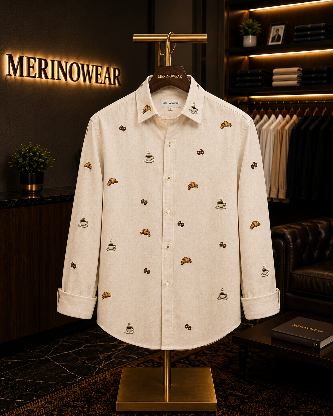Men's Ivory Coffee & Croissant Motif Shirt