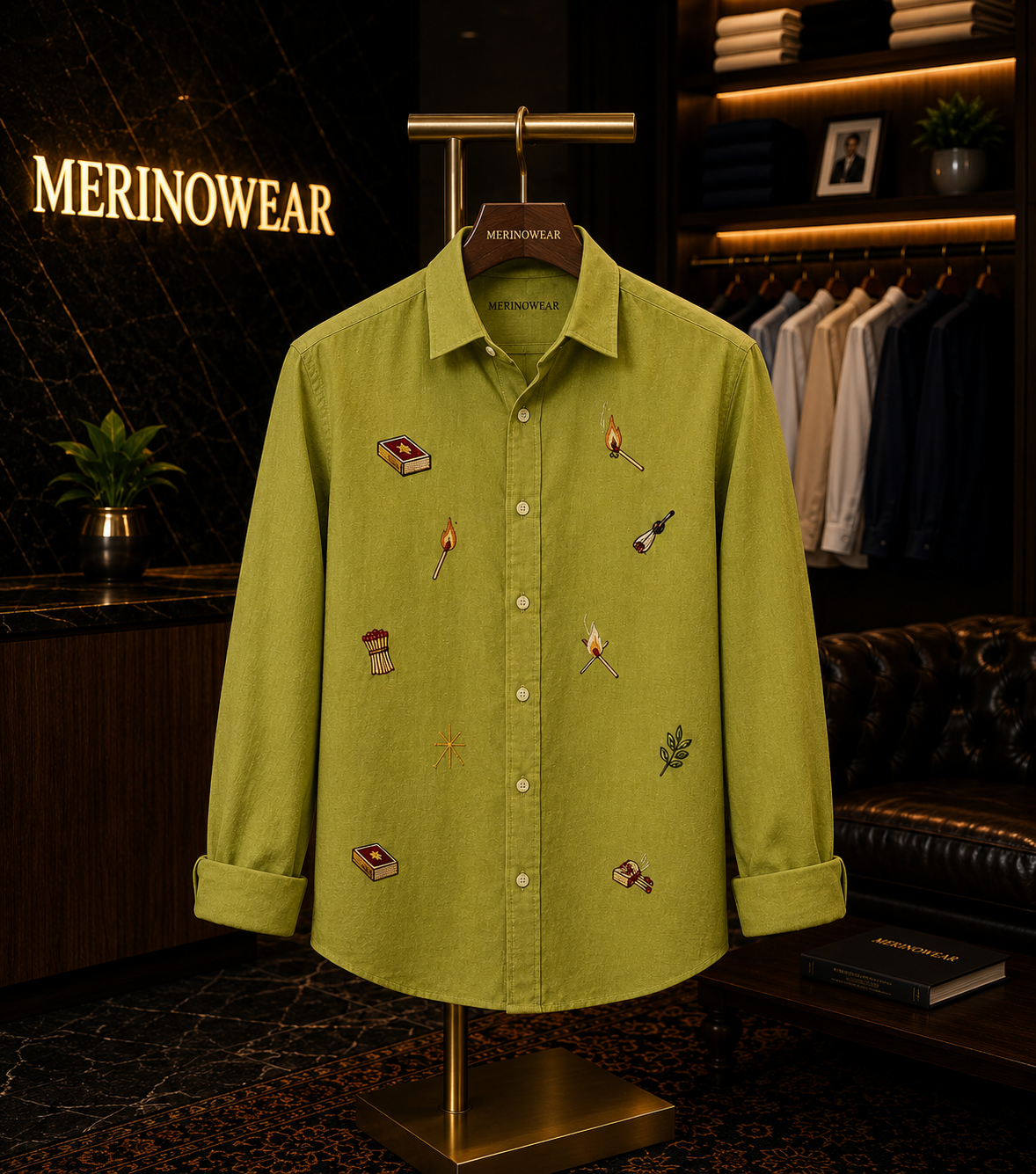 Men's Matchstick Motif Olive Green Shirt