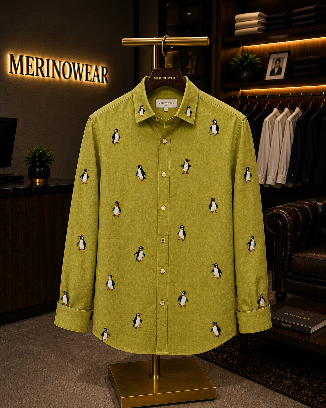 Men's Lime Green Penguin Motif Shirt
