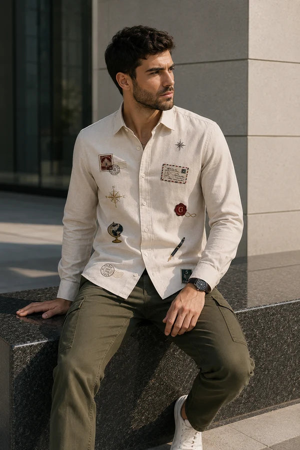 Men's Ivory Vintage Travel Motif Shirt