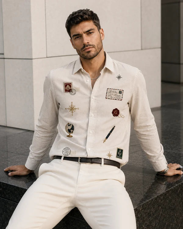 Men's Ivory Vintage Travel Motif Shirt