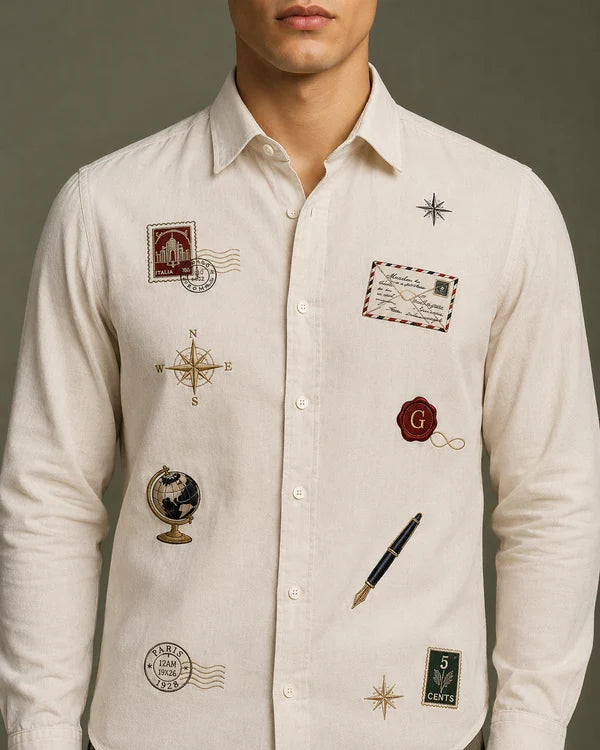 Men's Ivory Vintage Travel Motif Shirt