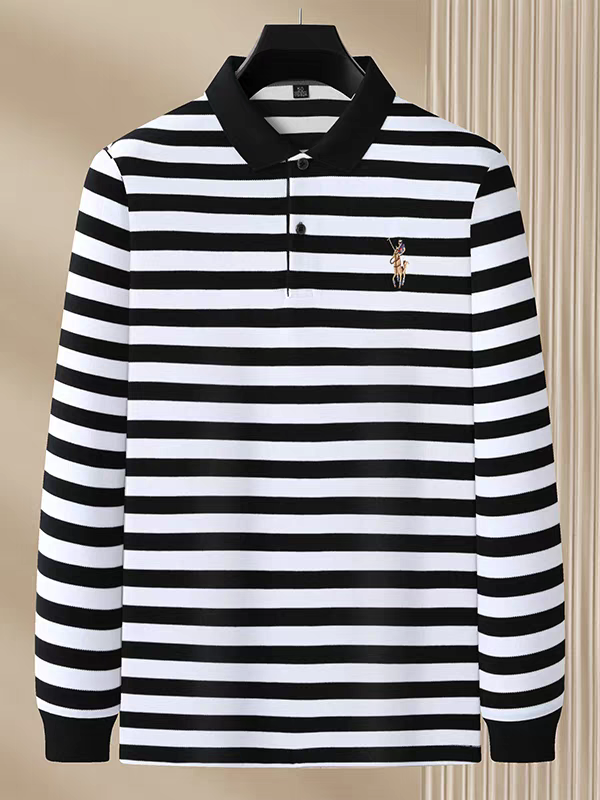 Merinowear Premium Striped Full Sleeve Polo T-Shirt – Black & White