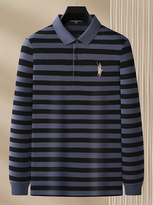 Merinowear Premium Striped Full Sleeve Polo T-Shirt – Navy Blue & Black