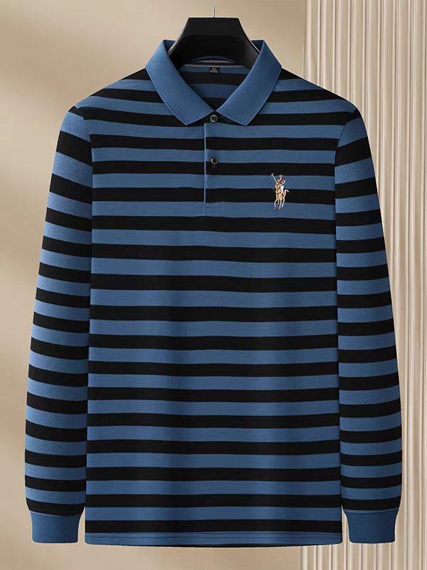 Merinowear Premium Striped Full Sleeve Polo T-Shirt – Steel Blue & Black