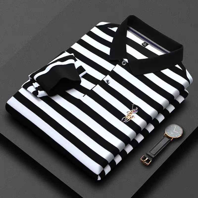 Merinowear Premium Striped Full Sleeve Polo T-Shirt – Black & White