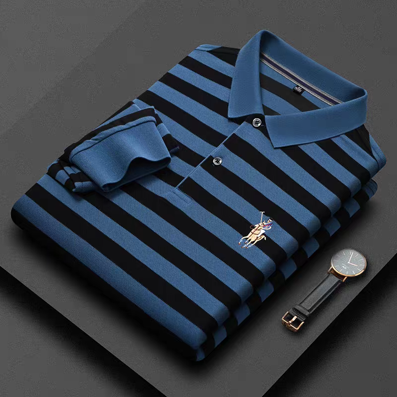 Merinowear Premium Striped Full Sleeve Polo T-Shirt – Steel Blue & Black